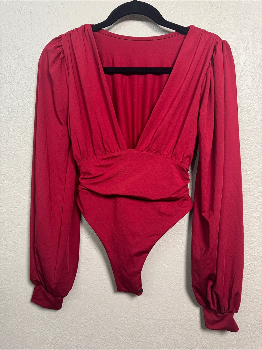 Deep V Red Long-Sleeve Plunge Bodysuit